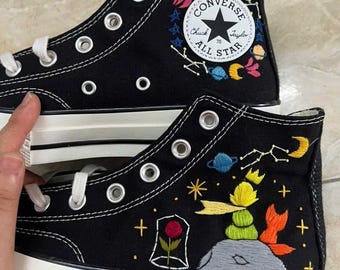 Embroidered Fox High Top Sneakers, Celestial Storybook Shoes, Handmade Whimsical Canvas Sneakers