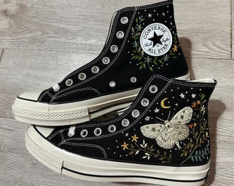 Hand Embroidered Moth Sneakers, Celestial Botanical Gothic Shoes (Customizable)