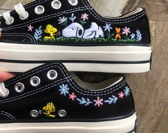 Personalized Dog Embroidered Sneakers, Custom Name High Tops, Handmade Floral Canvas Shoes