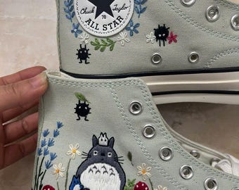 Hand-Embroidered Forest High Top Sneakers, Whimsical Nature Canvas Shoes