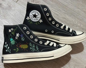 Embroidered Insect High Top Sneakers, Garden Bug Canvas Shoes, Handmade Botanical Sneakers