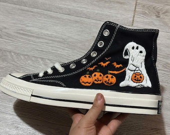 Halloween Ghost Embroidered Sneakers, Pumpkin High Top Shoes, Spooky Handmade Canvas Sneakers