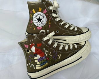 Hand Embroidered Fox Converse Sneakers | Woodland Floral Book Lover Shoes