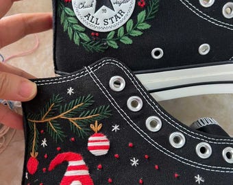 Christmas Embroidered High Top Sneakers, Santa Shoes, Handmade Holiday Canvas Shoes