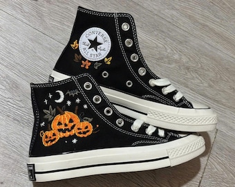 Halloween Pumpkin Embroidered High Top Sneakers, Jack O Lantern Shoes, Spooky Handmade Canvas Sneakers
