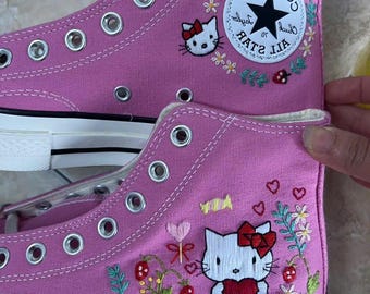 Hand-Embroidered Pink Cat Floral High Top Sneakers, Kawaii Canvas Shoes