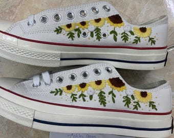 Sunflower Embroidered Sneakers, Floral Canvas Shoes, Handmade Wildflower Low Tops