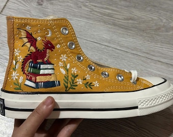 Hand Embroidered Dragon Book Lover Sneakers, Fantasy Literary Gift (Custom)