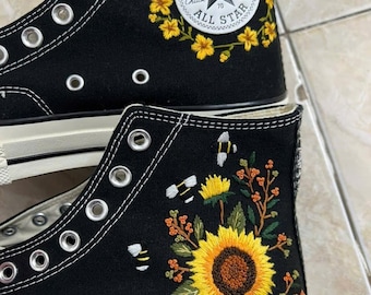 Sunflower Embroidered High Top Sneakers, Floral Canvas Shoes, Handmade Botanical Sneakers