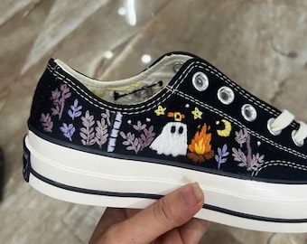 Halloween Ghost Embroidered Sneakers, Witchy High Top Shoes, Spooky Autumn Canvas Sneakers