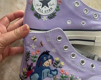 Hand Embroidered Lavender High Top Sneakers, Blue Donkey Floral Design