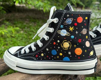 Hand Embroidered Galaxy Converse | Custom Space Sneakers | Solar System High Tops