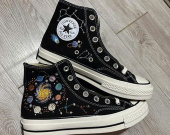 Hand Embroidered Galaxy High-Top Sneakers, Celestial Planet Astronomy Shoes