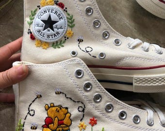 Honey Bear Embroidered High Top Sneakers, Bee Floral Canvas Shoes, Handmade Nature Sneakers