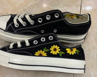 Sunflower Embroidered Sneakers, Floral Canvas Shoes, Handmade Wildflower Low Tops