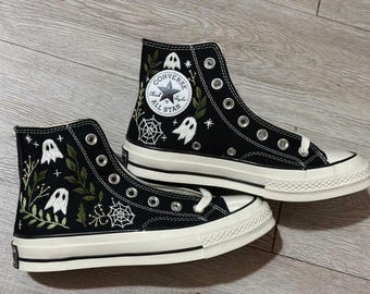 Halloween Ghost Embroidered High Top Sneakers, Spider Web Canvas Shoes, Spooky Handmade Sneakers