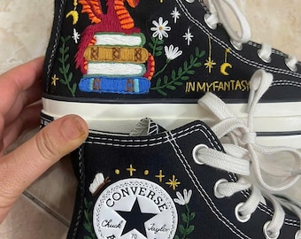 Embroidered Dragon Book High Top Canvas Shoes, Fantasy Art Sneakers
