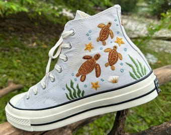Hand Embroidered Sea Turtle Converse | Ocean Marine Life High Top Sneakers
