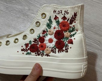 Embroidered Wedding High Top Sneakers, Floral Bridal Shoes, Personalized Handmade Canvas Shoes