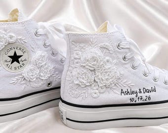Personalized Hand Embroidered Wedding Converse | White Floral Bridal Sneakers