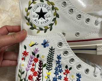 Hand Embroidered Floral Canvas Sneakers, Botanical Wildflower Art Shoes