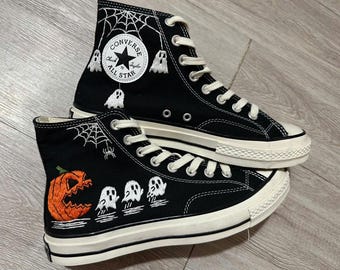 Hand Embroidered Halloween Sneakers, Ghost Pumpkin Spiderweb Design (Customizable)