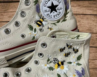 Hand Embroidered Floral Canvas Sneakers, Bumblebee Daisy Botanical Art Shoes