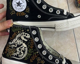 Handmade Embroidered Dinosaur Skeleton High-Top Sneakers, Botanical Fossil Lover Gift