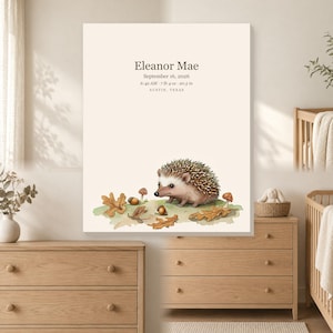 Personalized storybook hedgehog baby birth stats canvas for a woodland nursery