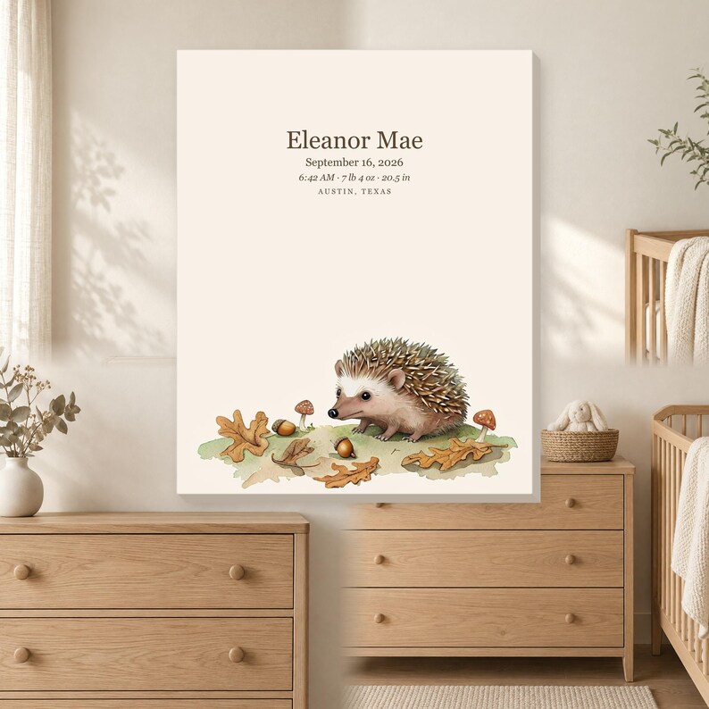 Personalized storybook hedgehog baby birth stats canvas for a woodland nursery