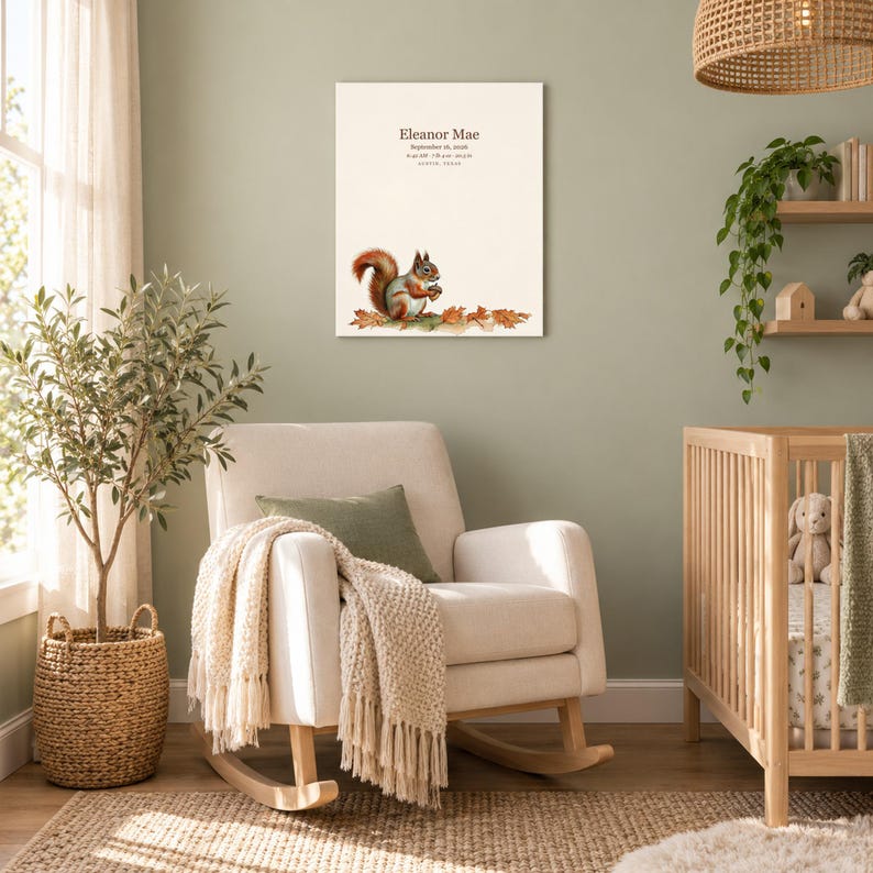 Little squirrel canvas in a nursery on a sage green wall above a cream rocking chair, showing sample name Eleanor Mae and birth details.