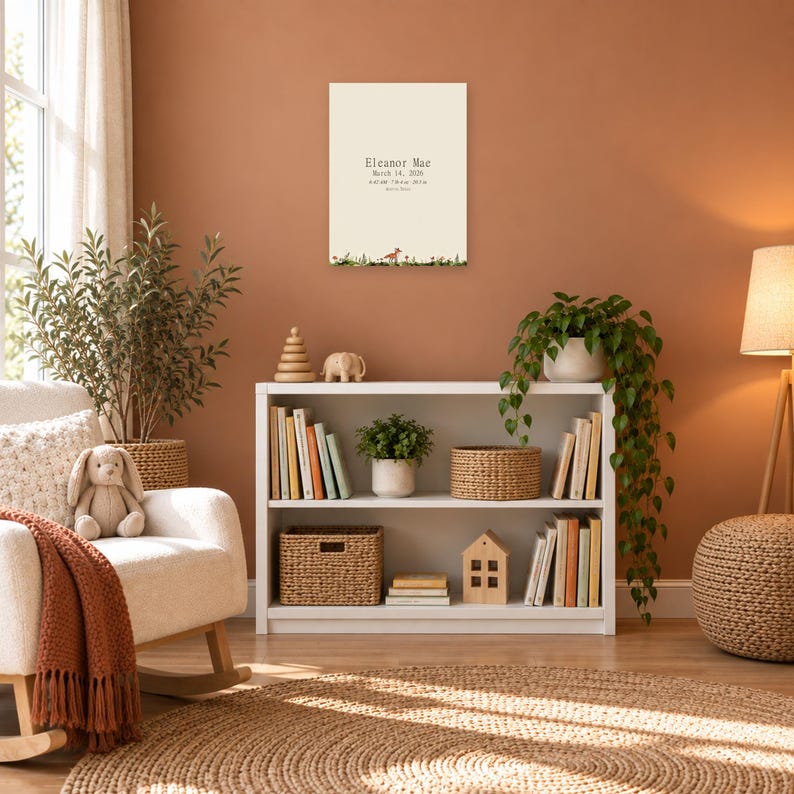 Woodland birth stats sign in a nursery on a terracotta wall above a white bookshelf, showing sample name Eleanor Mae and birth details.
