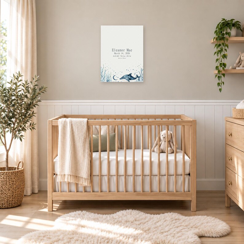 Ocean birth stats sign in a nursery on a greige wall above a wooden crib and white wainscoting, showing sample name Eleanor Mae and birth details.