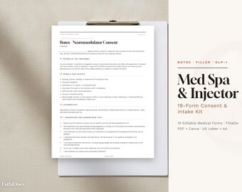 メディカルスパ用フォームセット、編集可能な同意書＆問診票テンプレート19種類、ボトックス、フィラー、GLP-1、記入可能なPDF + Canva