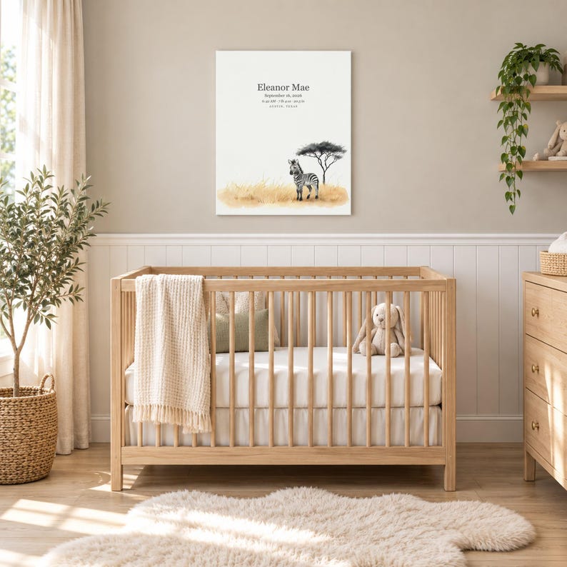 Baby zebra canvas in a nursery on a greige wall above a wooden crib and white wainscoting, showing sample name Eleanor Mae and birth details.