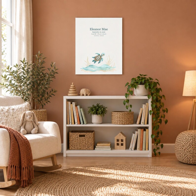 Sea turtle canvas in a nursery on a terracotta wall above a white bookshelf, showing sample name Eleanor Mae and birth details.