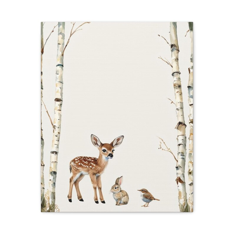 Custom meadow fawn baby name and birth details canvas with woodland animals