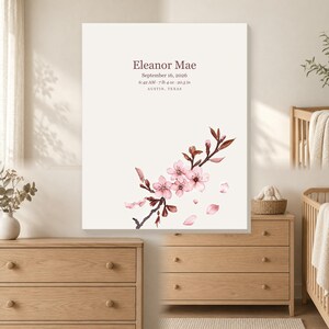 Personalized cherry blossom baby birth stats canvas for a floral nursery