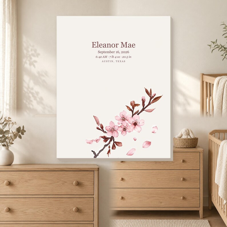 Personalized cherry blossom baby birth stats canvas for a floral nursery