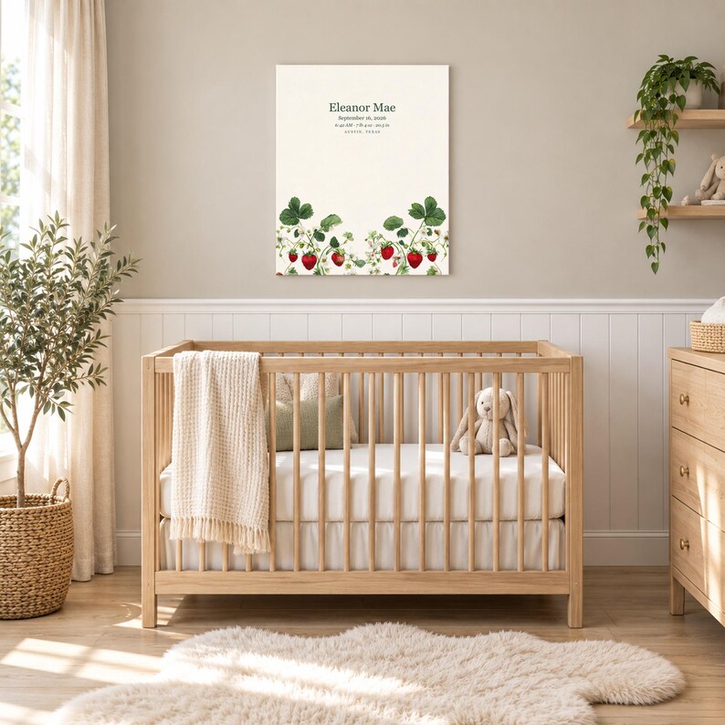Strawberry canvas in a nursery on a greige wall above a wooden crib and white wainscoting, showing sample name Eleanor Mae and birth details.