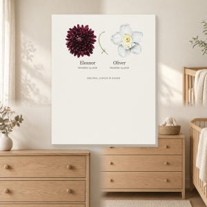 May include: A rectangular wall art print on a cream background featuring a dark red dahlia and a white daffodil. Below the flowers, the text reads Eleanor November 14, 2026, and Oliver December 14, 2026, with the phrase SIBLINGS, ALWAYS IN BLOOM below.