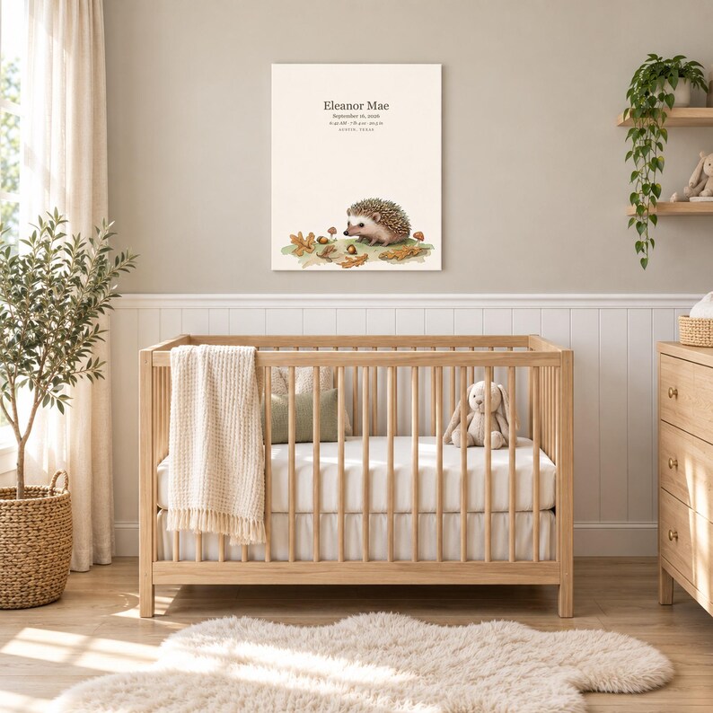 Storybook hedgehog canvas in a nursery on a greige wall above a wooden crib and white wainscoting, showing sample name Eleanor Mae and birth details.