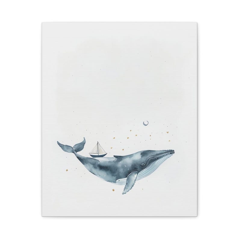Personalized moonlit whale baby birth stats canvas for an ocean nursery