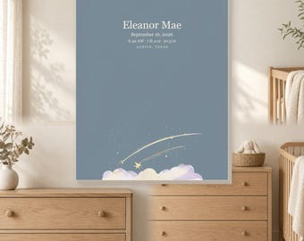 Op de afbeelding: Een rechthoekige wandprint met een stoffige blauwe achtergrond met de tekst Eleanor Mae, 16 september 2026, 06:42, 3,29 kg, 52,07 cm, Austin, Texas, en een afbeelding van twee vallende sterren boven zachte paarse en witte wolken.