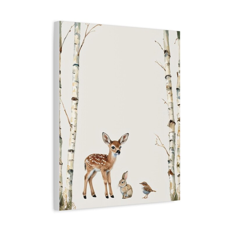 Custom meadow fawn baby name and birth details canvas with woodland animals