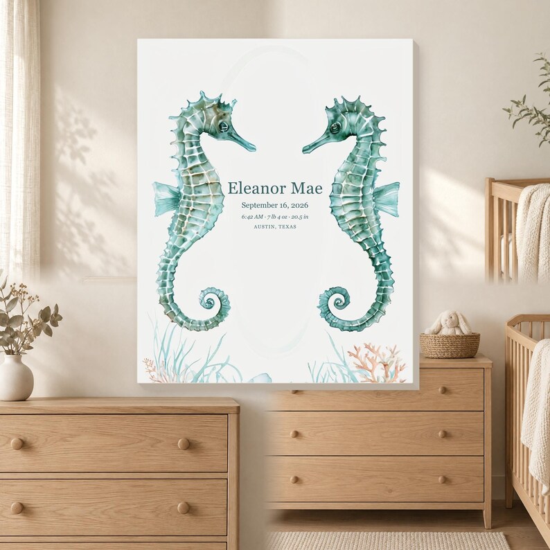 Custom seahorse reef baby name and birth details canvas in coastal watercolor