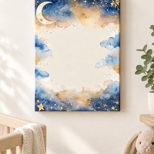 May include: A rectangular canvas wall art piece featuring a watercolor-style night sky with a large crescent moon, scattered gold stars, and soft blue and beige clouds surrounding a central blank cream-colored space for custom text or imagery.