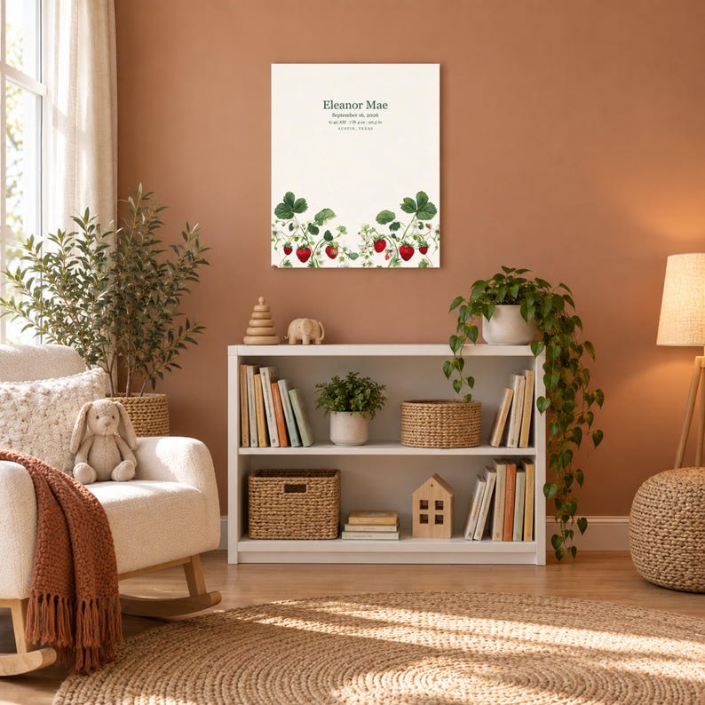 Strawberry canvas in a nursery on a terracotta wall above a white bookshelf, showing sample name Eleanor Mae and birth details.