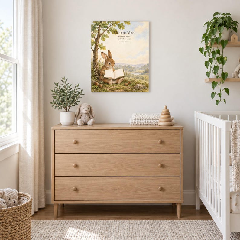Storybook rabbit canvas in a nursery above a light oak dresser beside a white crib, showing sample name Eleanor Mae and birth details.