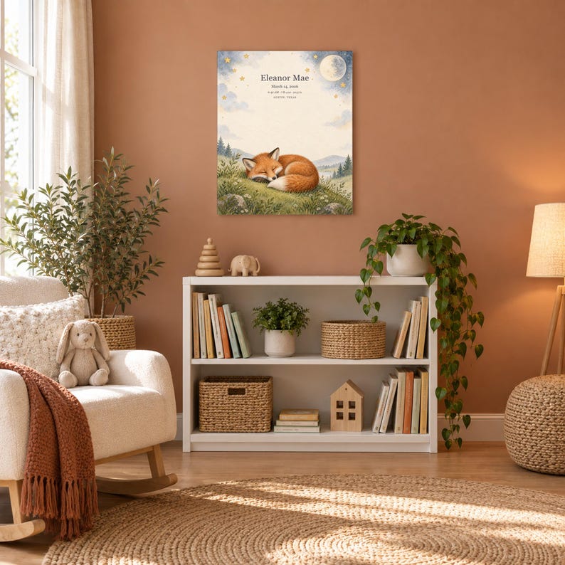 Moonlit fox canvas in a nursery on a terracotta wall above a white bookshelf, showing sample name Eleanor Mae and birth details.